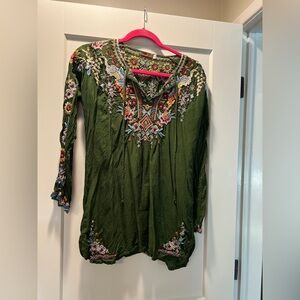 Johnny Was embroidered floral tie neck blouse